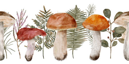 calm and detailed watercolor representation of fungi intertwined with leaves and plant lifeの写真素材