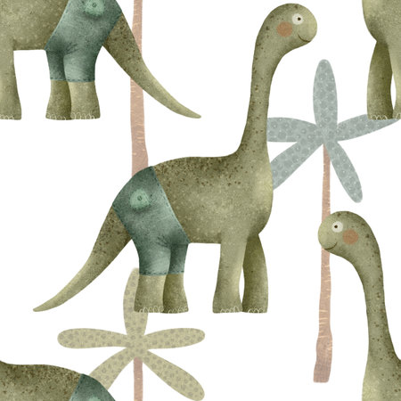 Adorable Watercolor Dinosaurs and Palm Trees Pattern for Kids Rooms and Play Areasの写真素材