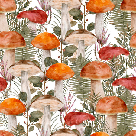 Watercolor painting of mushrooms and leavesの写真素材