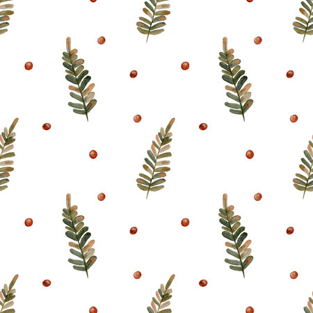 uninterrupted watercolor repeat pattern showcasing natural leaves and round berries in subtle shadesの写真素材