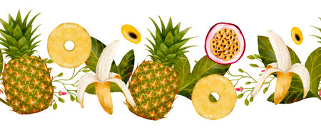 Colorful Beachthemed Fruit Illustrations, Lively Artwork Depicting Seaside Fruits And Verdant Plants