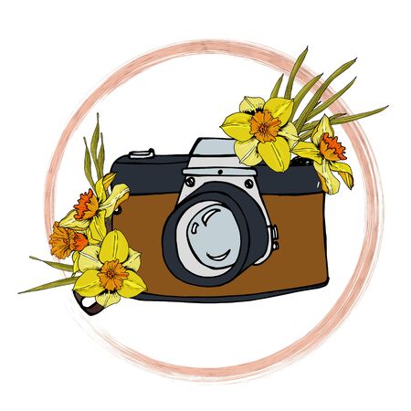 The composition of the camera and a bouquet of daffodils. Doodle style logo with flower illustration on a white background. For design, print or background.のイラスト素材