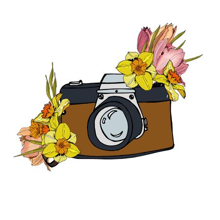 The composition of the camera and a bouquet of tulips and daffodils. Doodle style logo with flower illustration on a white background. For design, print or background.のイラスト素材