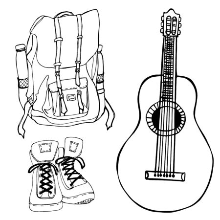 guitar, backpack, boots coloring book for adults vector illustration. Black and white lines. Tourism, camping. Design element for menu, poster, emblem, badge, banner, flyer.のイラスト素材
