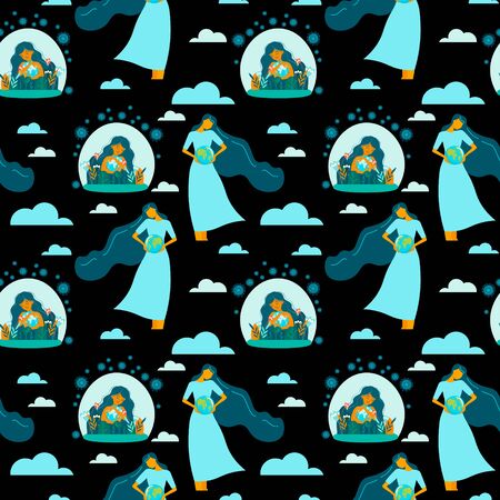 Seamless pattern. Young excited woman holds the globe in her hands, protects the planet from a pandemic. Hoping for recovery and happiness. Coronavirus pandemic conceptのイラスト素材