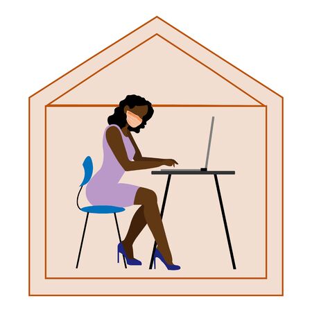 African American woman in protective mask works online at home, at the computer, illustration. Social distance and self-isolation during quarantine of the corona virus. The girl works at home.のイラスト素材