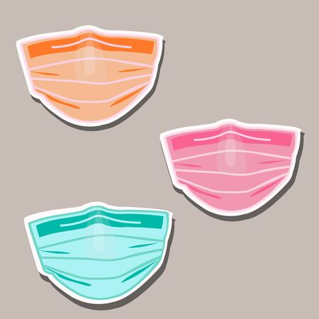 Medical mask, sticker. Pandemic safety, isolation. Coronovirus. Pink, yellow and turquoise face masks, stickers. Vector mockup isolated Label mask iconのイラスト素材