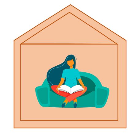 covid-19 young women sitting at home in an armchair and reading a book, coronavirus molecules fly, flat style vector illustration. Social distance and self-isolation during quarantine.のイラスト素材