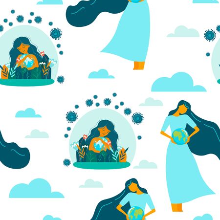 Seamless pattern. Young excited woman holds the globe in her hands, protects the planet from a pandemic. Hoping for recovery and happiness. Coronavirus pandemic conceptのイラスト素材