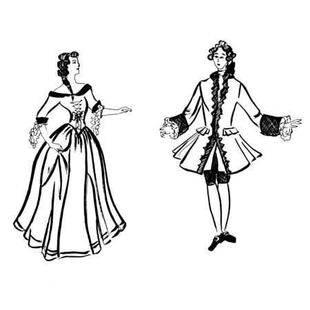 Colorful black and white pattern for coloring. Illustration of a girl and a guy dancing an old dance. Minuet. Coloring pages for children and adults. Vector image. wedding decoration. Circuit.のイラスト素材