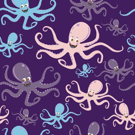 Vector seamless pattern with blue, lilac and pink octopus. Hand drawn illustrations in vintage style for fabric, wrapping, wallpaper, clothing background and other marine design.のイラスト素材
