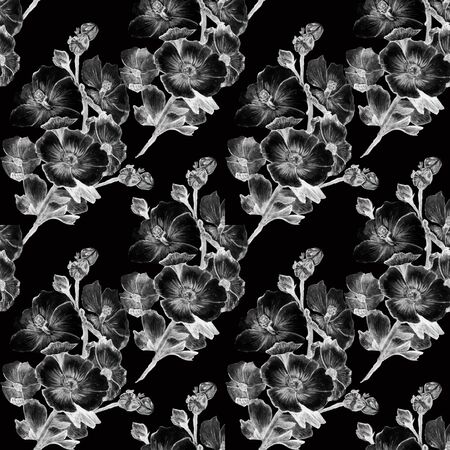 Seamless pattern. Beautiful pink blooming realistic isolated flowers. Vintage background. Chamomile Rose hibiscus mallow wildflowers. Wallpaper. Drawing engraving.  victorian Illustration.の写真素材