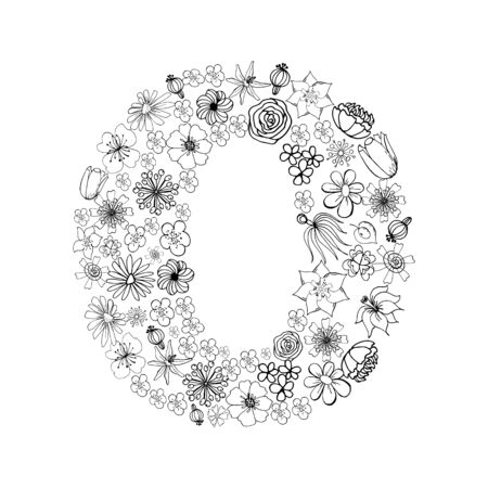 Vintage floral alphabet. Bukvaa o. Hand drawn vector illustration. There are other letters in my portfolio. Suitable for covers, menus, branding, labels, coffee, tea packaging design.のイラスト素材