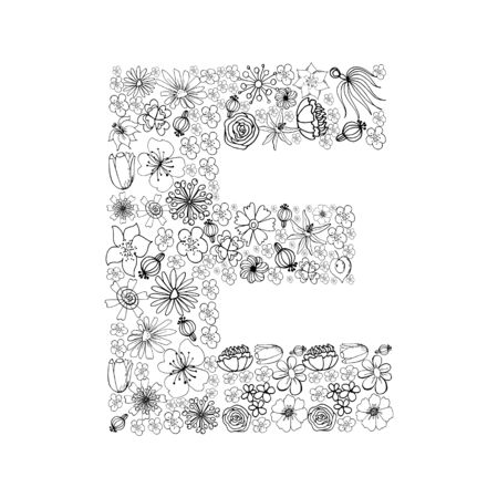 Vintage floral alphabet. Bukvaa e. Hand drawn vector illustration. There are other letters in my portfolio. Suitable for covers, menus, branding, labels, coffee, tea packaging design.のイラスト素材
