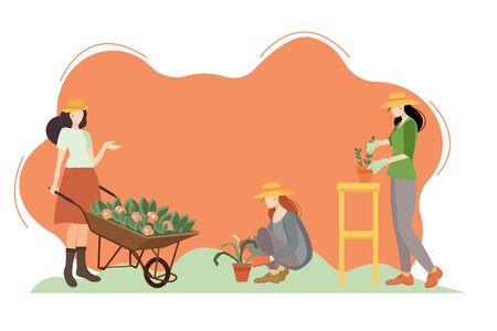 Woman gardener with a cart and flowers. Female character in a garden growing plants. Gardening together planting flowers in the garden. Farmer girl takes care of the plant. We work at home.のイラスト素材