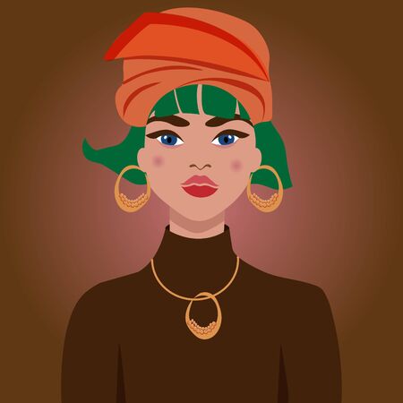 Portrait of a model girl. Young business woman. Nations and races. American student. Vector flat illustration. Great for avatars. Retro trendy colors poster or flyer.のイラスト素材