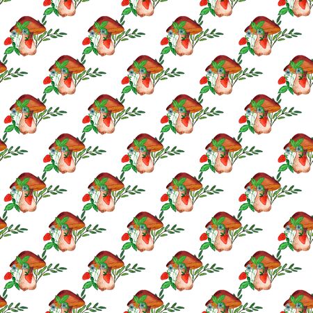 Seamless pattern. Strawberry bush with red berries and white flowers. White mushroom. Watercolor. Suitable for decorating fabrics, children's clothing, wallpaper, curtains, pillows.の写真素材