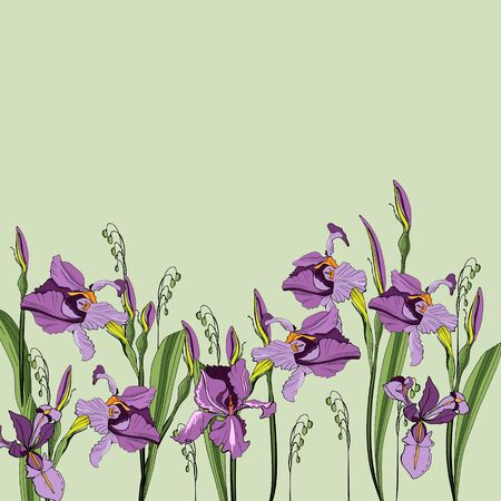 Delicate floral background with purple irises. Vector illustration of a creative realistic doodle tattoo. For greeting card, wedding invitation, interior decoration, business cards, brochuresのイラスト素材