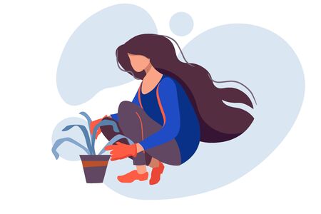 Woman gardener with a cart and flowers. Female character in a garden growing plants. Gardening together planting flowers in the garden. Farmer girl takes care of the plant. We work at home.のイラスト素材