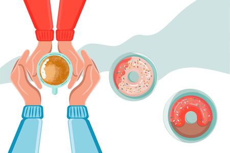 Vector illustration of two friends drinking coffee with donuts. Tea coffee break, mug, top view. Good morning. Support in difficult times, conversation. banner. Conversation with a psychologist.のイラスト素材