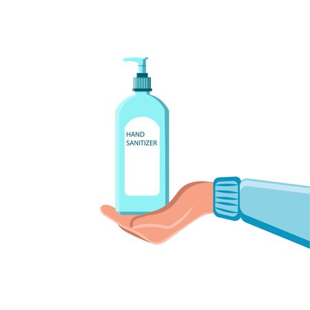 Sanitizer. Disinfectant. Hand hygiene during a pandemic. Hand gel, spray, vector illustration. Hand wrap in public places. For infographics, banners, campaigns posesのイラスト素材
