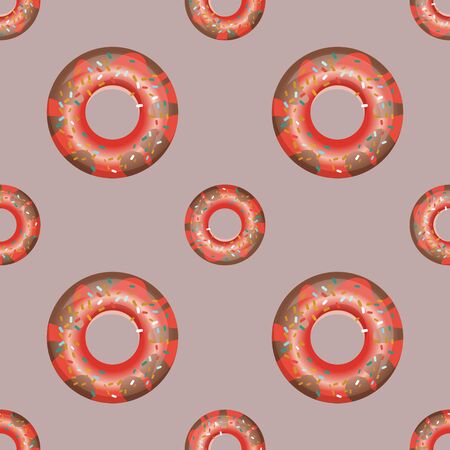 Seamless pattern with colorful donuts in the glaze on a coffee background. View from above. For the design of recipes, menus, culinary blogs, the design of cafes, the delivery of boxes, stationery.のイラスト素材