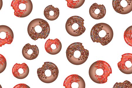 Seamless pattern with colorful donuts in icing on a white background. View from above. For the design of recipes, menus, culinary blogs, cafe design, delivery boxes, stationery.のイラスト素材