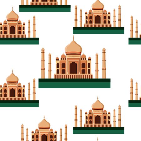 Seamless pattern. Taj Mahal. A white marble mosque mausoleum located in Agra, India, on the banks of the Yamuna River in Agra. Indian, Persian and Arabian architecture. Temple of the Ancient Palace.のイラスト素材