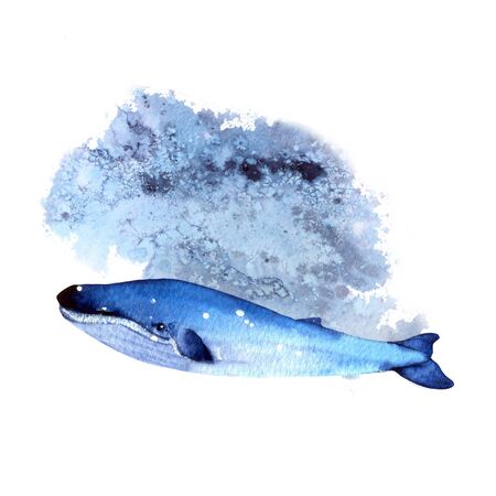 Blue whale. Summer mood, sea, ocean. Sea and ocean creatures in blue tones. For the design of invitations, children's albums, textiles, thieves, scrapbooking.の写真素材