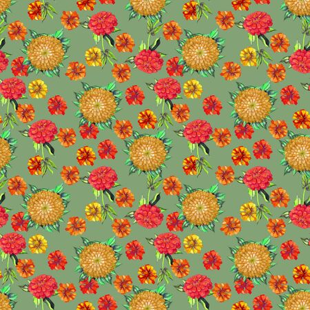 Soft orange and red watercolor dahlia, zinnia. Summer flowers.の写真素材