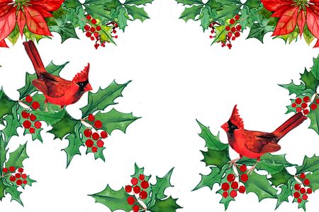 winter elements poddub, mistletoe, poinsettia. Frame composition on a white background, for the design of cards, wedding invitations, clothes, dishes, children's textilesの写真素材