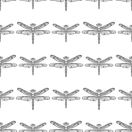 Seamless - flat black on white dragonfly. Design element coloring book for adults. Design, greeting cards, t-shirts, fabric bag, fabrics, wrapping paper. Insect collection. Antistress.のイラスト素材