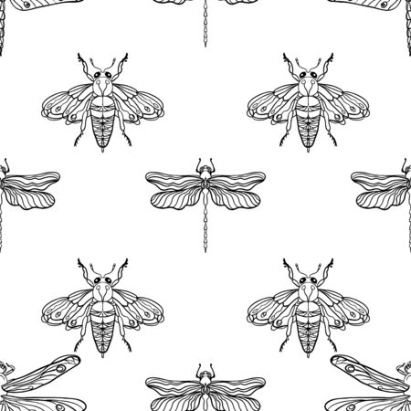 Seamless pattern with the image of butterflies, dragonflies, insects. Anti-stress coloring. Entomological seamless pattern. Graphic design for paper, textile print, page fill.のイラスト素材