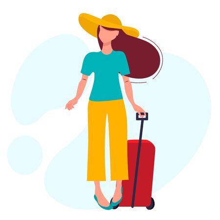 A young girl in a wide-brimmed hat and trousers travels. Goes on vacation with suitcases. Tourist with luggage goes on a trip. Travel and tourism design concept. Vector illustrationのイラスト素材