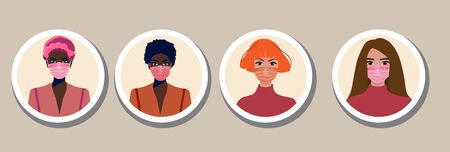 Round stickers in masks of women. Emotion icons for social networks and stickers. Individual protection means. People sticker template or badge for protection against air pollution. Isolated vectorのイラスト素材