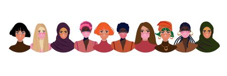 People in protective medical masks. Quarantine removal after coronavirus. Protecting women from viruses, urban air pollution, smog, fumes, polluting gas emissions. Vector illustrationのイラスト素材