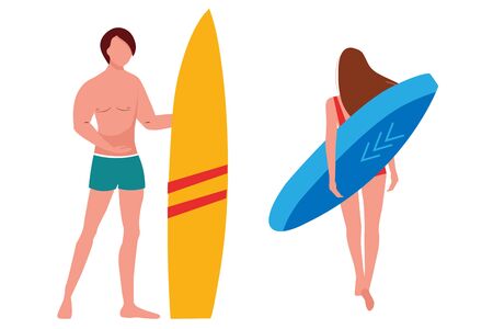 The guy with the girl is surfing. Vacation Sea. Communication, relaxation. Travel and tourism design concept, sea vacation. Vector isolated illustration on a white background.のイラスト素材