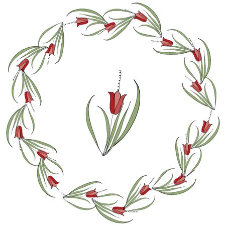 Floral summer elements with cute bunches of tulips, daffodils and roses. Endless horizontal pattern brushes. For romantic and easter design, announcements, greeting cards, posters, advertisement.のイラスト素材