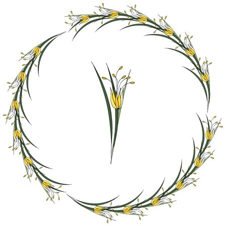 Floral summer elements with cute bunches of tulips, daffodils and roses. Endless horizontal pattern brushes. For romantic and easter design, announcements, greeting cards, posters, advertisement.のイラスト素材