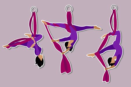 Set. Stickers Aerial with silk ribbon and hammock. Girl. Aerial Yoga. Stretching exercises. Anti-gravity relaxation. Sport, healthy lifestyle and fitness training vector illustration.のイラスト素材