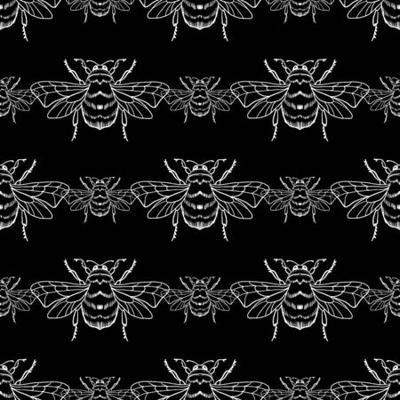 Vector seamless pattern with white honey bee on a black background. Bumblebee, beehive. For the design of labels, products, beekeeping products, honey, wallpaper, wrapping paper, fabric.のイラスト素材