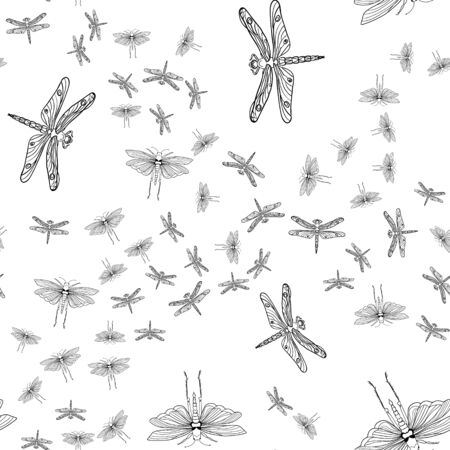 Seamless pattern with the image of butterflies, dragonflies, insects. Anti-stress coloring. Entomological seamless pattern. Graphic design for paper, textile print, page fill.のイラスト素材