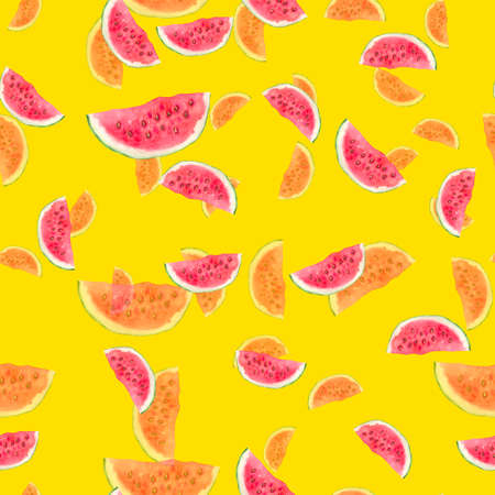 Seamless watercolor background with slices of watermelon. Slices of red watermelon with seeds