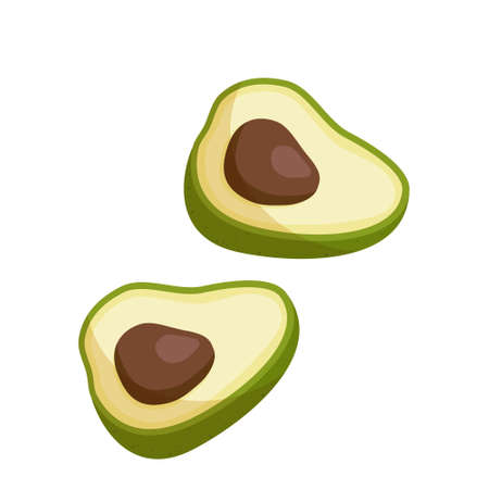 Avocado drawing. Whole avocado with leaf and half with seed isolated on white background.