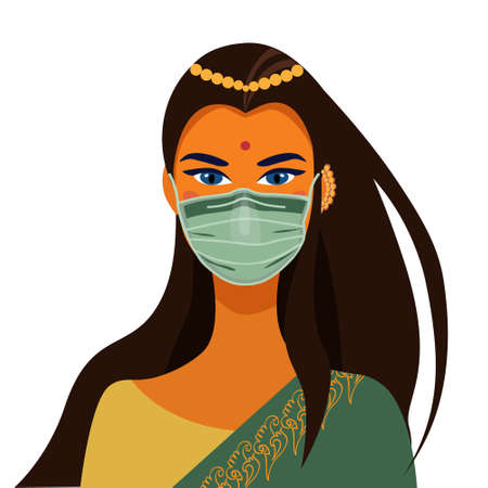Indian woman in traditional dress and face mask. Portrait of a beautiful girl. Avatar. Faceのイラスト素材