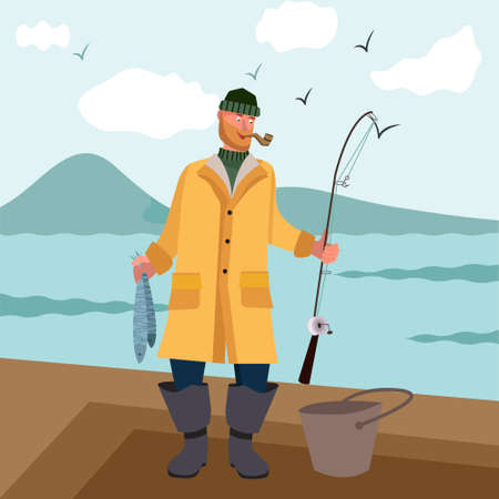 Fisherman flat icons. Fisherman holding fishing rod with caught fish.のイラスト素材