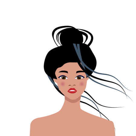 Pop art face of an oriental lady. Young beautiful Japanese woman with red lips, with a high hairstyle.のイラスト素材