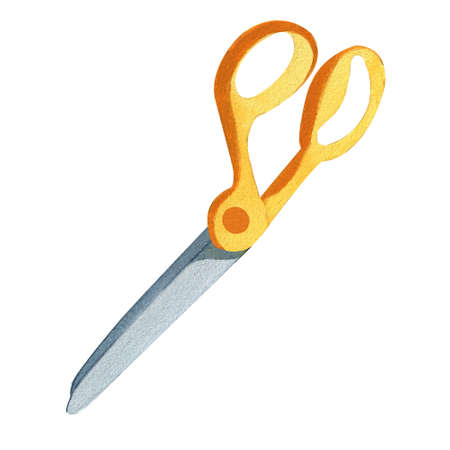 School scissors with yellow handles. Tailors scissors. Watercolor illustration isolated on white background.の写真素材
