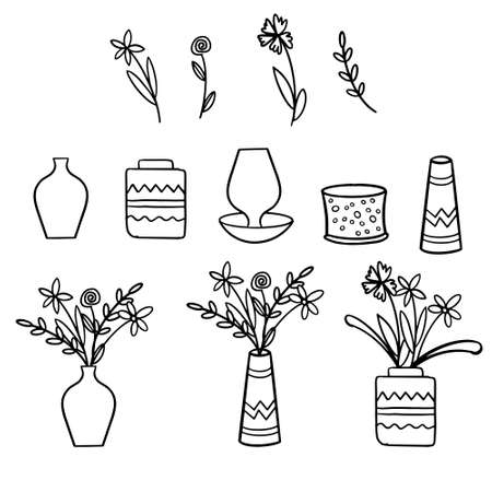 Flowers in a vase contour set. Simple doodle style for postcards, notebooks, stickers, design.のイラスト素材