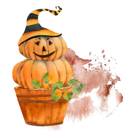 Halloween sublimation watercolor. Halloween scary pumpkin head scarecrow, postcard for Halloween holiday.の写真素材